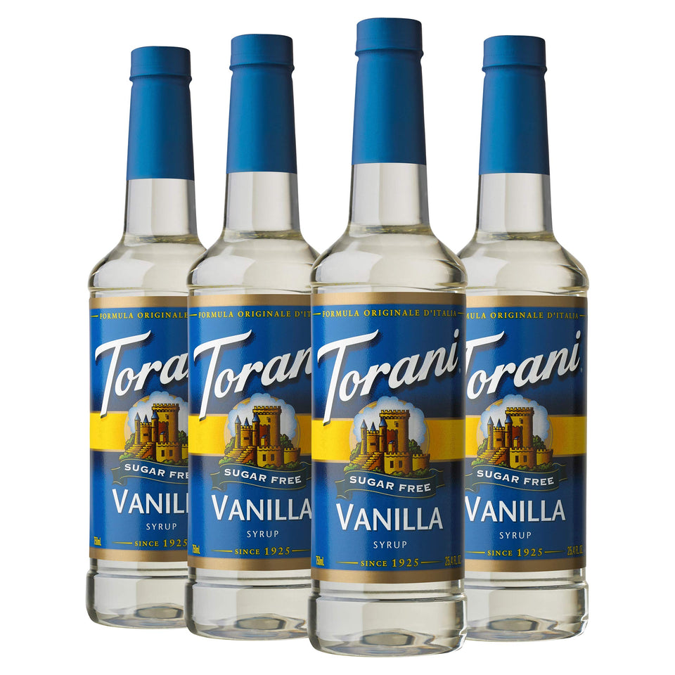Torani Sugar Free Vanilla bottle front, ready for flavorful coffee additions.