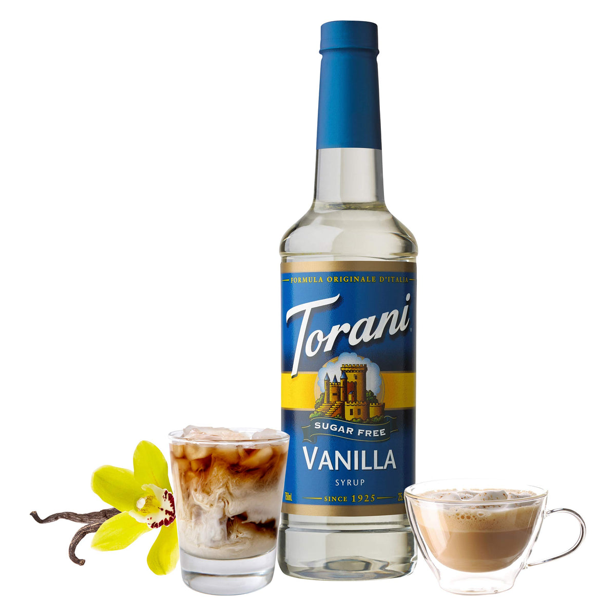 Torani Sugar Free Vanilla bottle pour enhances a latte with vanilla richness.
