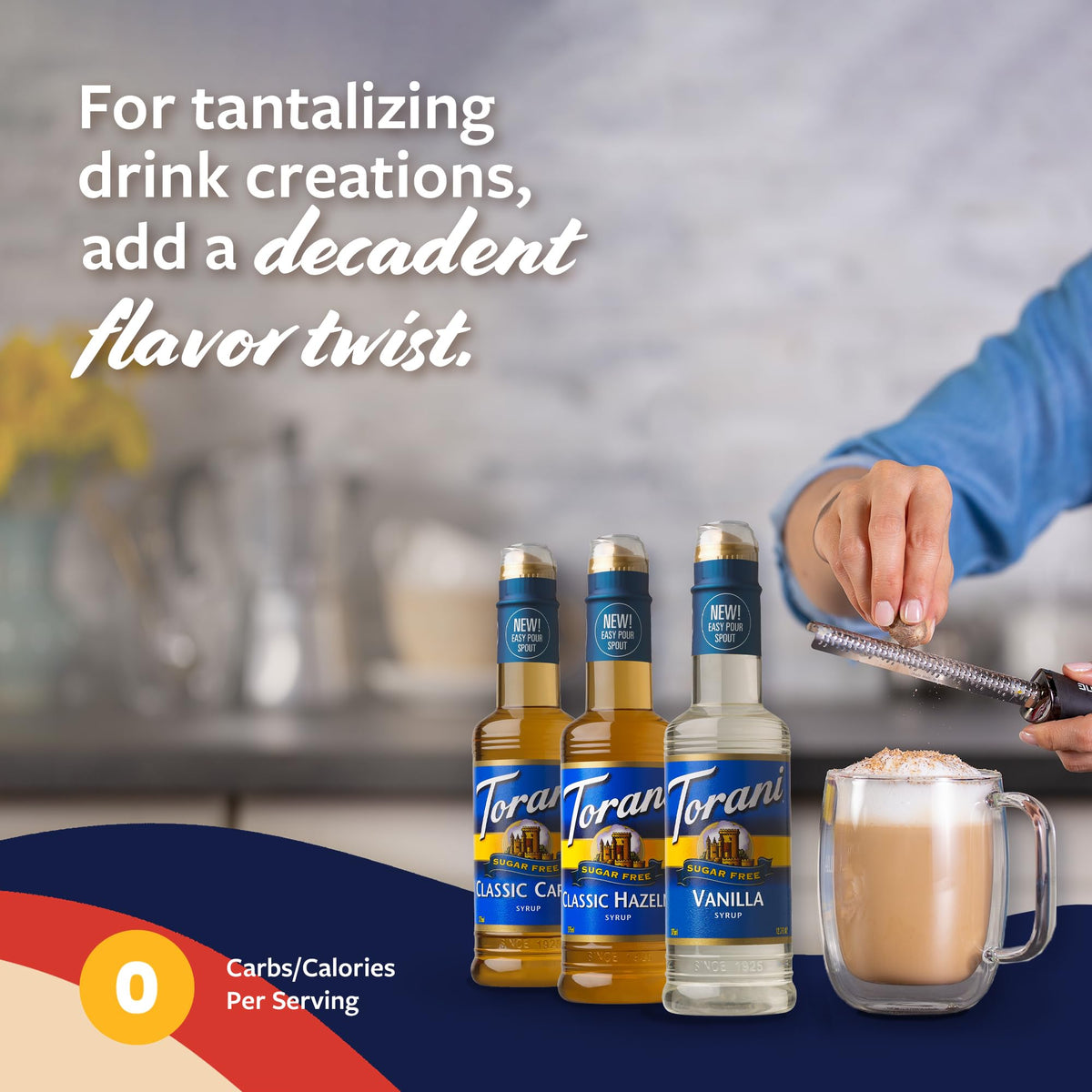 Torani sugar-free vanilla pour-spout bottle for mess-free topping