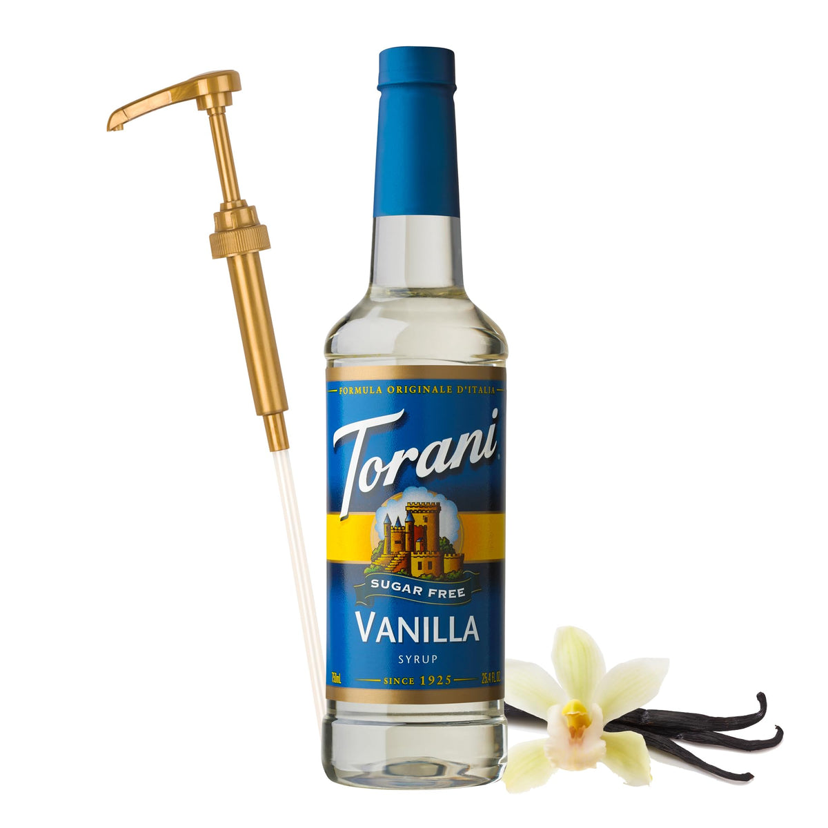Torani Sugar Free Vanilla Syrup bottle closeup highlighting rich flavor.