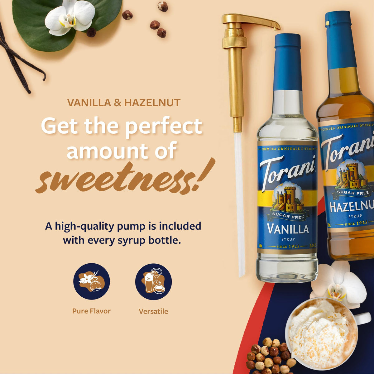 Torani Sugar-Free Vanilla syrup bottle pouring for creamy vanilla lattes.