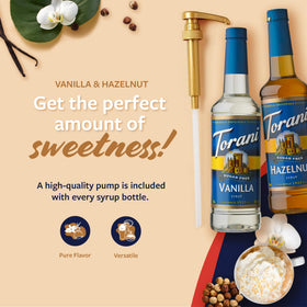 Torani Sugar-Free Vanilla syrup bottle pouring for creamy vanilla lattes.