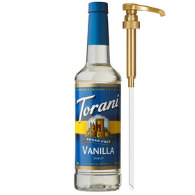 Torani Sugar Free Vanilla Syrup bottle with pump for easy sweetening in beverages.