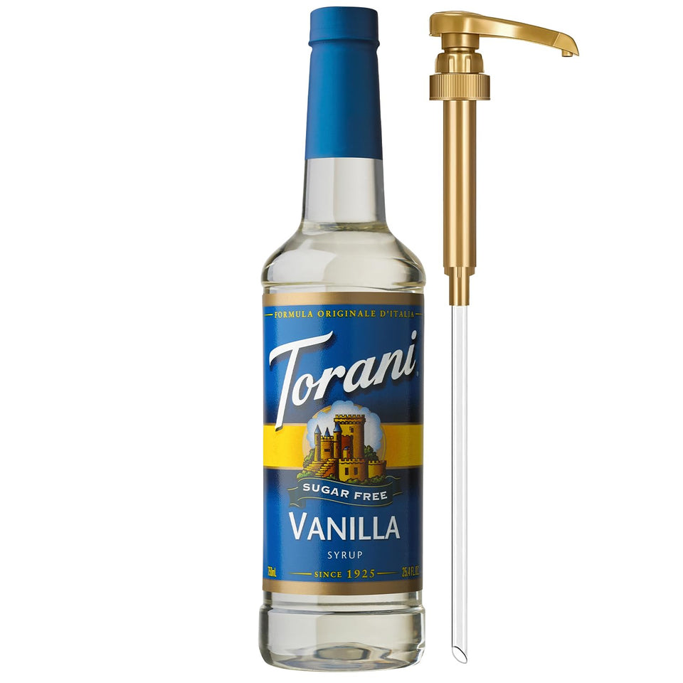 Torani Sugar Free Vanilla Syrup bottle with pump for easy sweetening in beverages.