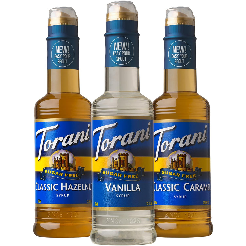 Torani sugar-free vanilla syrup bottle for a sugar-free latte