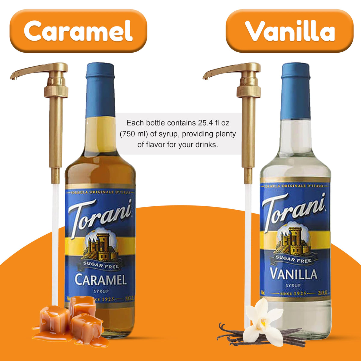 Sugar-free vanilla syrup bottle brings smooth vanilla sweetness to beverages.