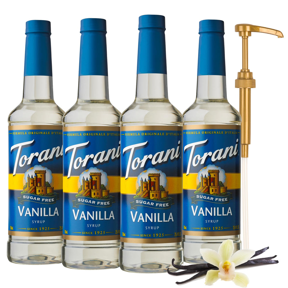 Torani Sugar Free Vanilla Syrup with Pump four-bottle pack for convenient flavoring.