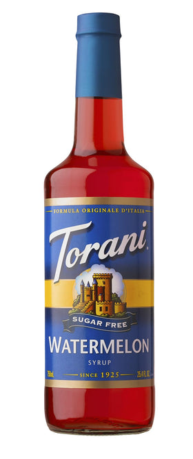 Torani Sugar Free Watermelon Syrup bottle shows sugar-free beverage flavor.