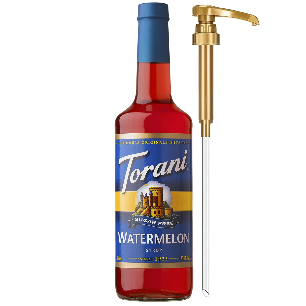 Torani Sugar Free Watermelon Syrup bottle pour for refreshing drinks with zero calories.