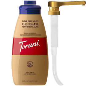 Torani Sugar Free White Chocolate Sauce bottle showing creamy flavor for sugar-free drinks