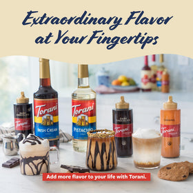 Torani Sugar Free White Chocolate Sauce in a cafe setting ready to pour