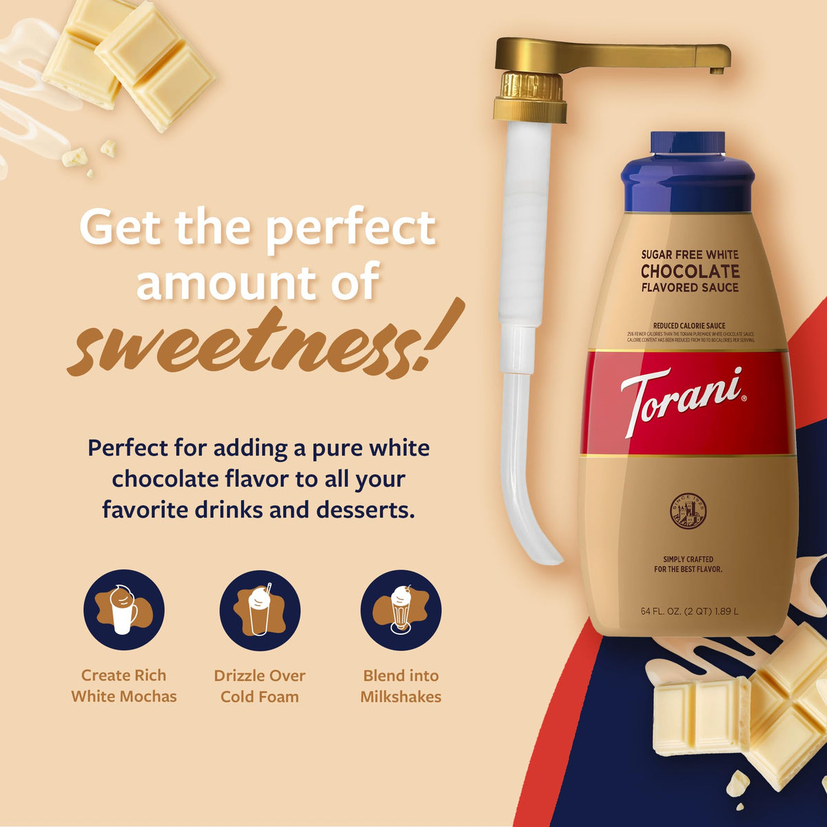 Torani Sugar Free White Chocolate Sauce drizzle on latte in glass