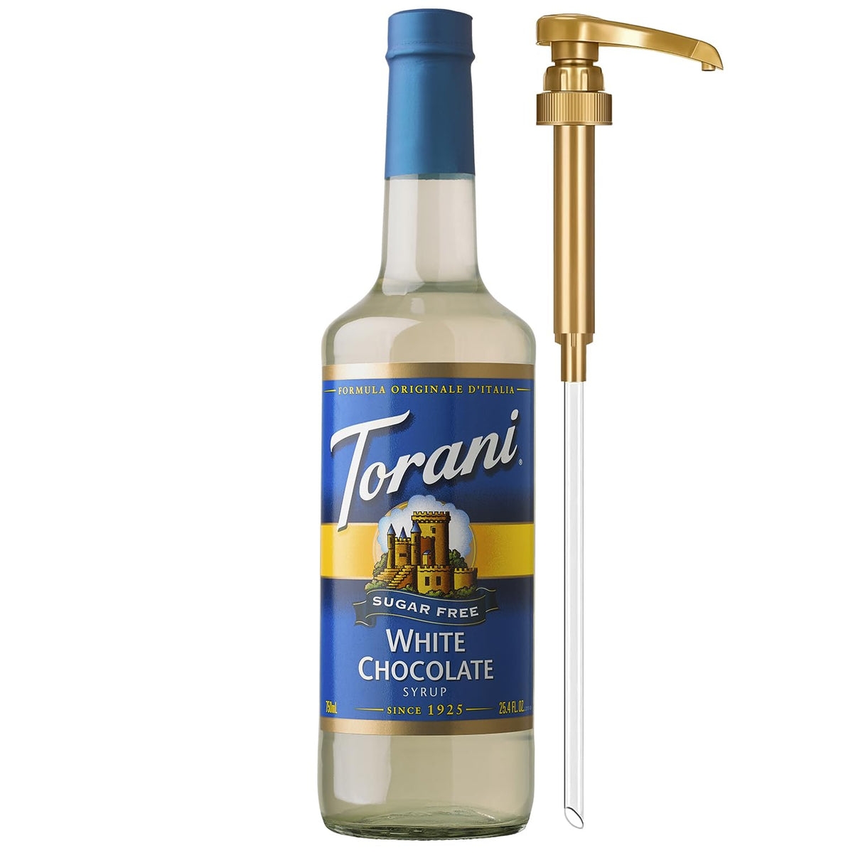 Torani Sugar Free White Chocolate Syrup bottle with pump for easy, mess-free flavoring.