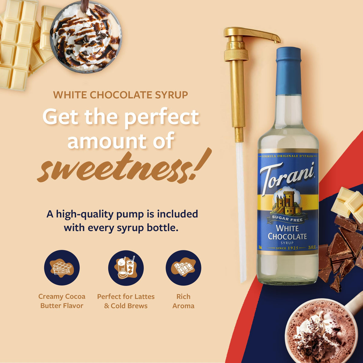 Pouring Torani Sugar Free White Chocolate Syrup into a latte for creamy notes.