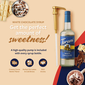 Pouring Torani Sugar Free White Chocolate Syrup into a latte for creamy notes.