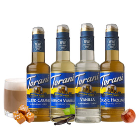 Torani Sugar Free Syrup Salted Caramel bottle offers zero calorie sweetness for beverages and desserts.