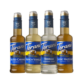 Torani Sugar Free Syrup Vanilla bottle shows zero calorie flavor ideal for coffee, lattes, and desserts.
