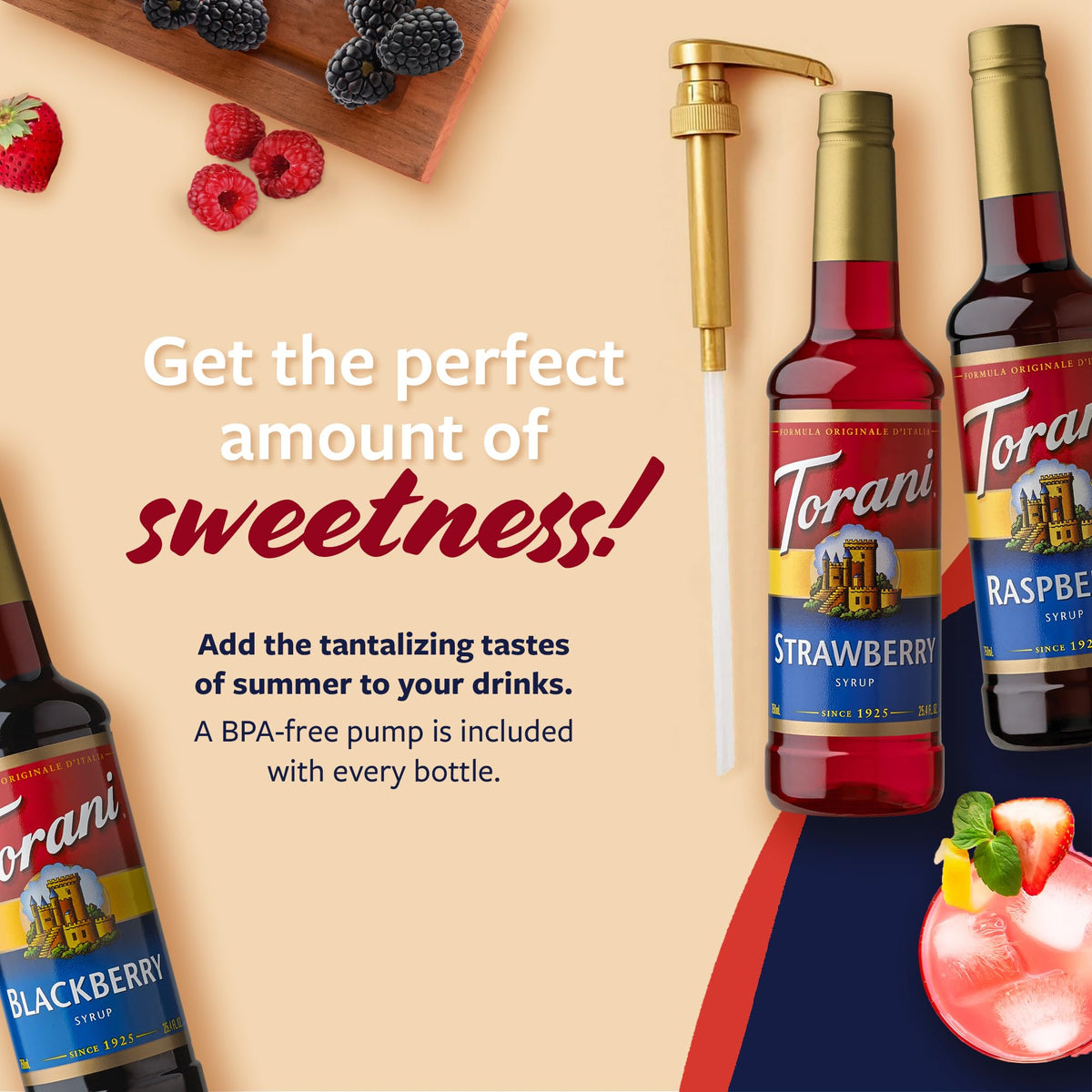 Torani Berry Lovers Blackberry syrup pour, elevates drinks and desserts.