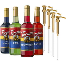 Torani Blue Raspberry syrup pour for a refreshing soda.