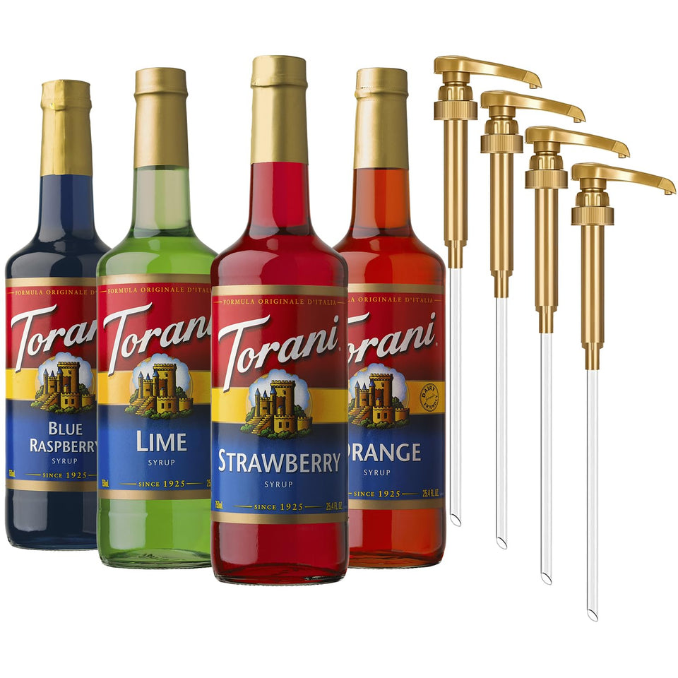 Torani Blue Raspberry syrup pour for a refreshing soda.
