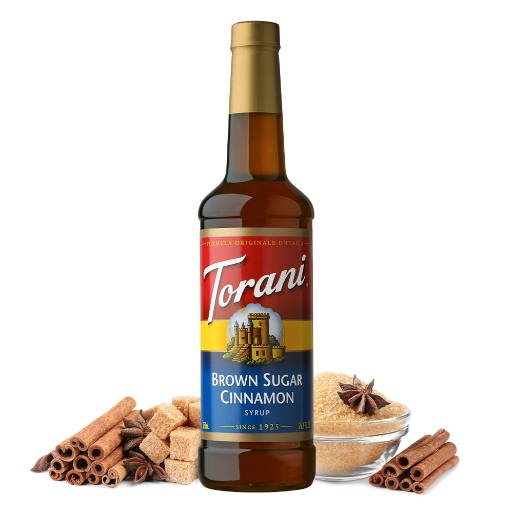 Torani Brown Sugar Cinnamon syrup bottle for coffee and oats.