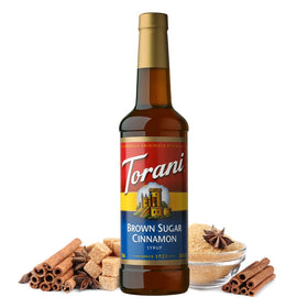 Torani Brown Sugar Cinnamon syrup bottle for coffee and oats.