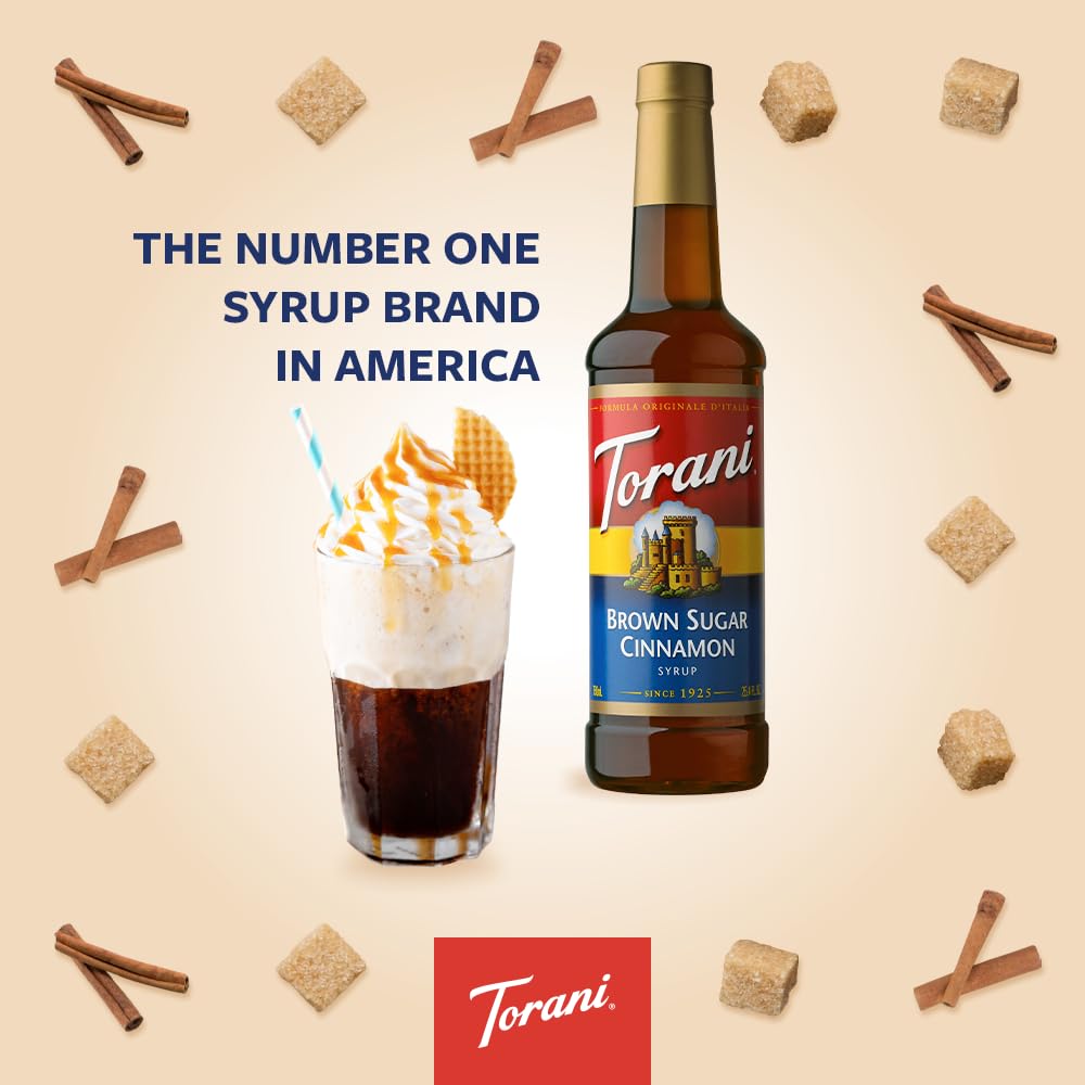 Close-up of Torani Brown Sugar Cinnamon label, highlighting warm flavor.