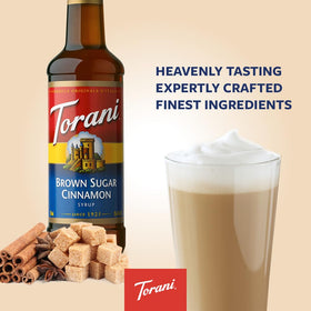 Pouring Torani Brown Sugar Cinnamon syrup into coffee.