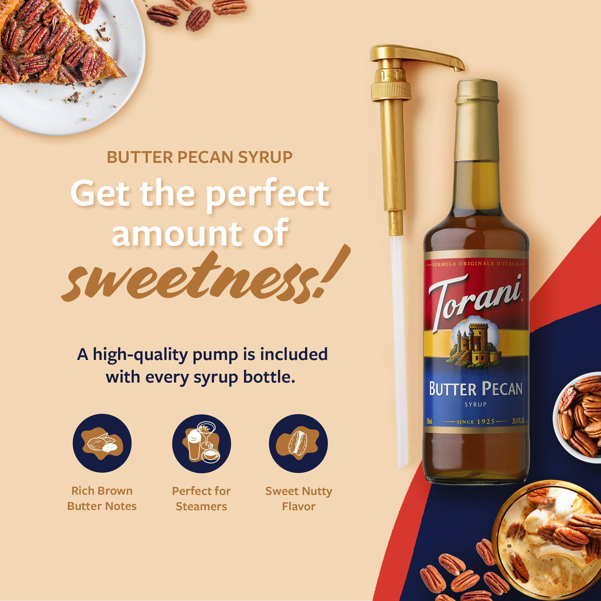 Close-up of Torani Butter Pecan Syrup highlighting browned butter notes.