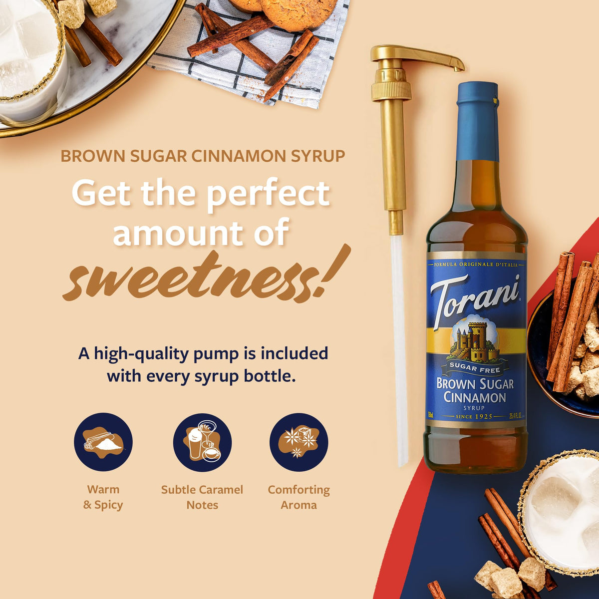 Dispensing pump shown in action for mess-free flavor with Torani syrup.