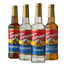 Torani vanilla syrup bottle pour enhances cozy coffeehouse-inspired vanilla lattes.