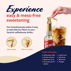 Torani bottle beside latte showing caramel flavor swirl.
