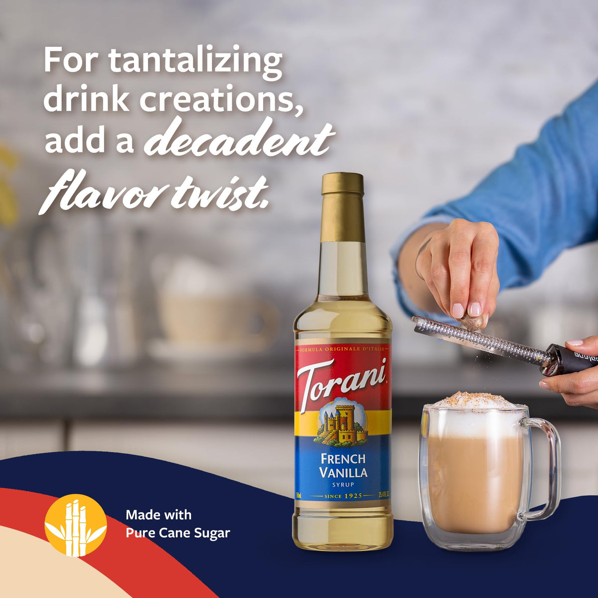 Close-up of the Torani pump dispensing precise vanilla syrup.