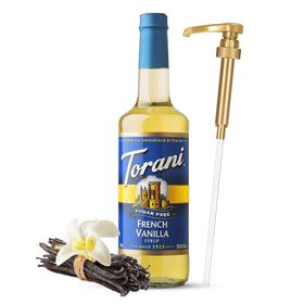Torani syrup pump dispenser close-up for easy, mess-free flavoring.