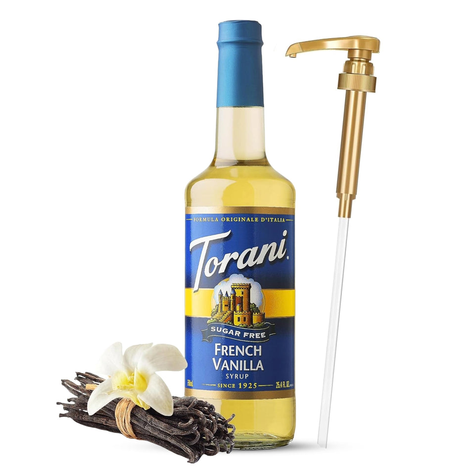 Torani syrup pump dispenser close-up for easy, mess-free flavoring.
