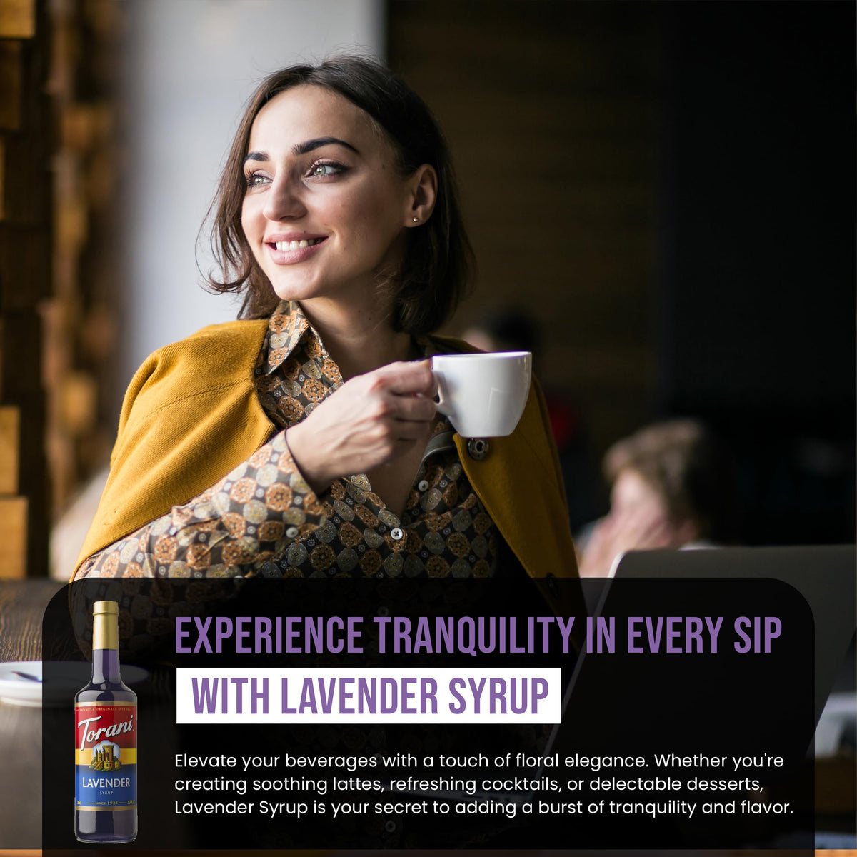 In use, the pump pours lavender syrup into a drink for even distribution.