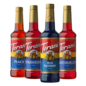 Torani Blue Raspberry syrup bottle for vibrant Italian sodas and fruity drinks.