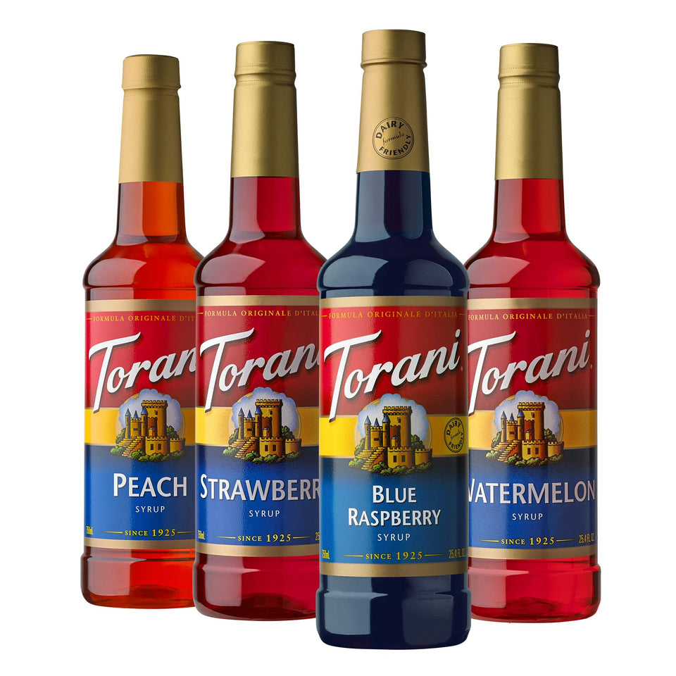 Torani Blue Raspberry syrup bottle for vibrant Italian sodas and fruity drinks.