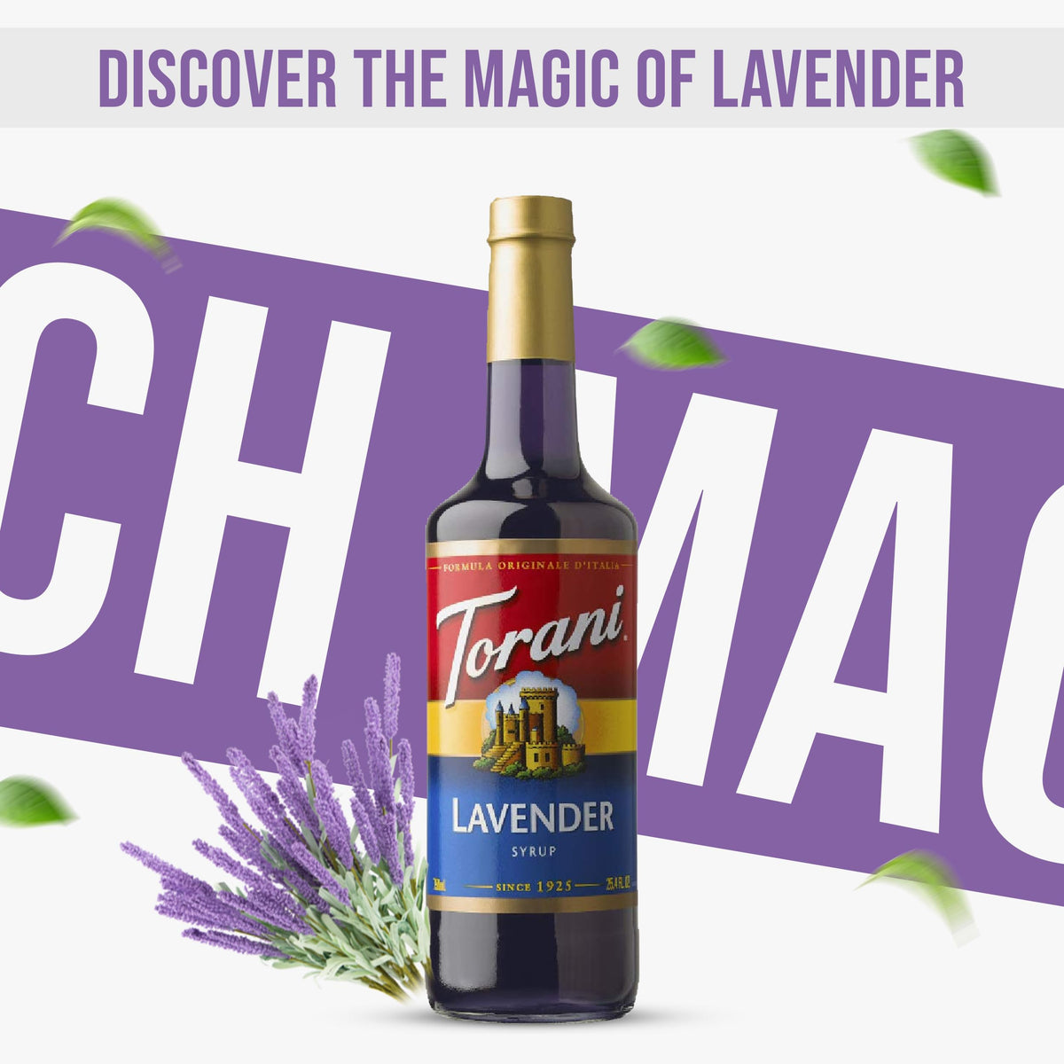 Tall lavender syrup bottle stands on kitchen shelf for everyday flavor.