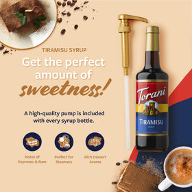 Torani tiramisu syrup close-up on glass bottle highlighting premium packaging