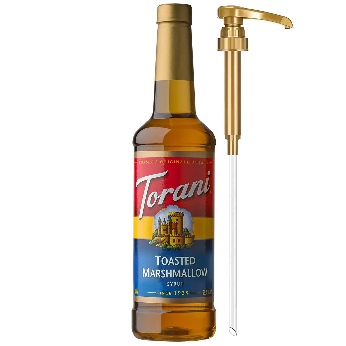Torani Toasted Marshmallow coffee syrup with pump for easy, measured flavor boosts.