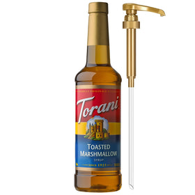 Torani Toasted Marshmallow coffee syrup with pump for easy, measured flavor boosts.