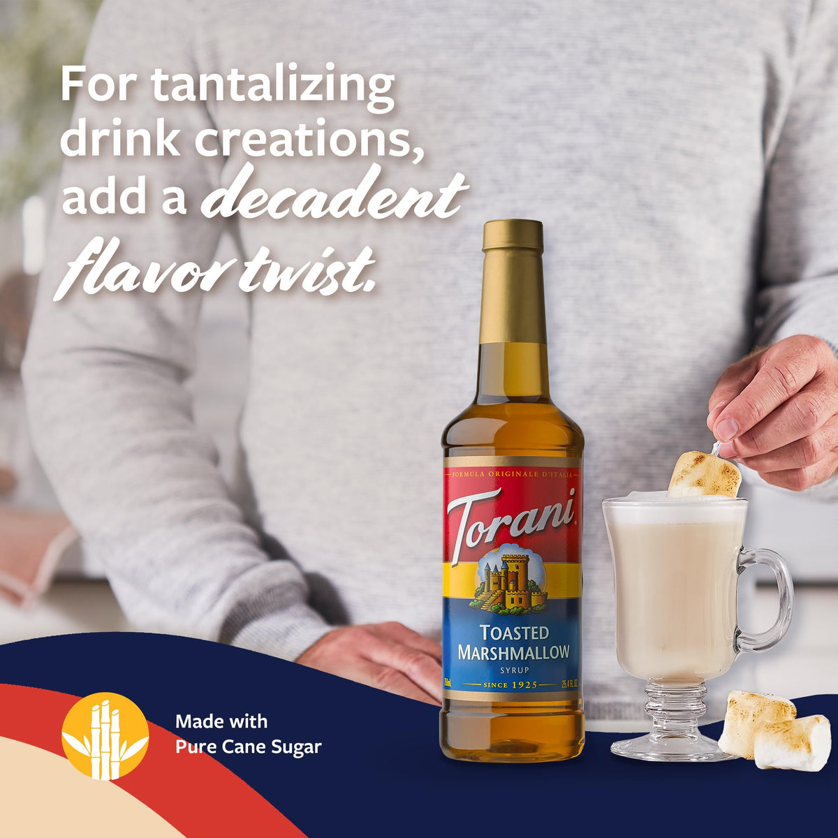 Torani syrup bottle sits on a counter for quick, ready-to-use flavor.