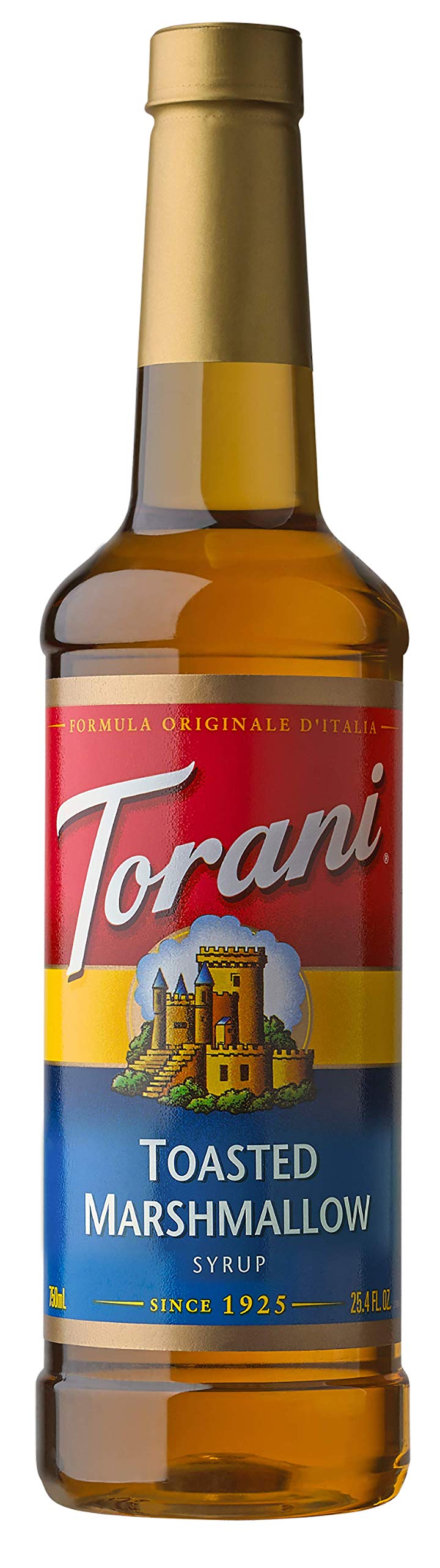Torani Toasted Marshmallow Syrup bottle pour enhances drinks with campfire marshmallow flavor