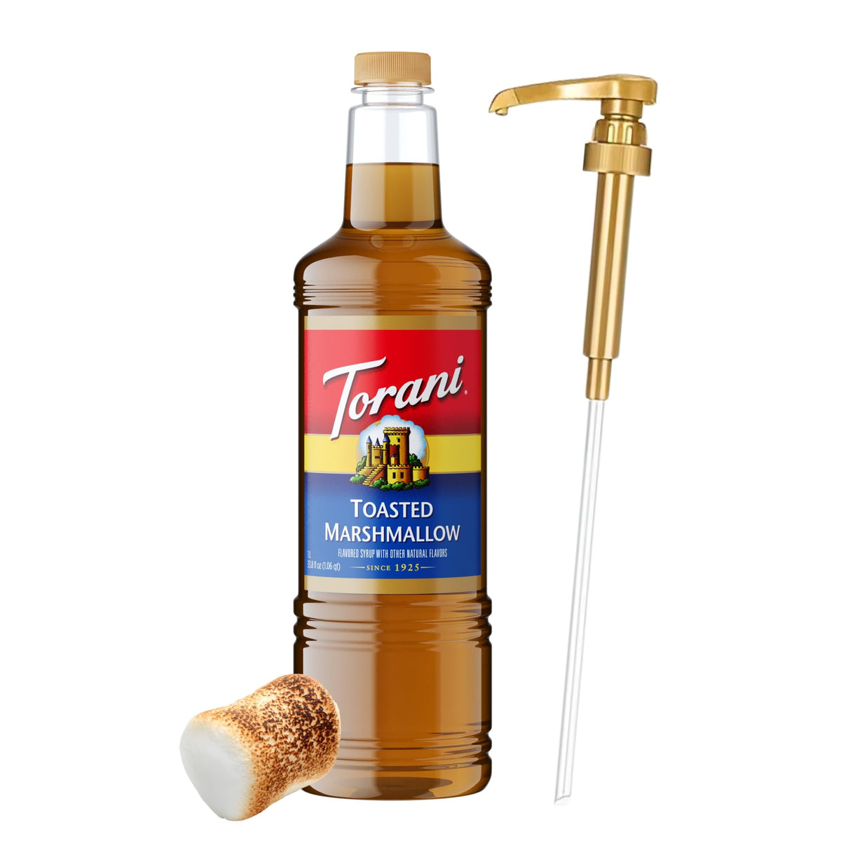 Torani Toasted Marshmallow Syrup bottle with pump for mess-free flavoring.