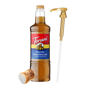 Torani Toasted Marshmallow Syrup bottle with pump for mess-free flavoring.