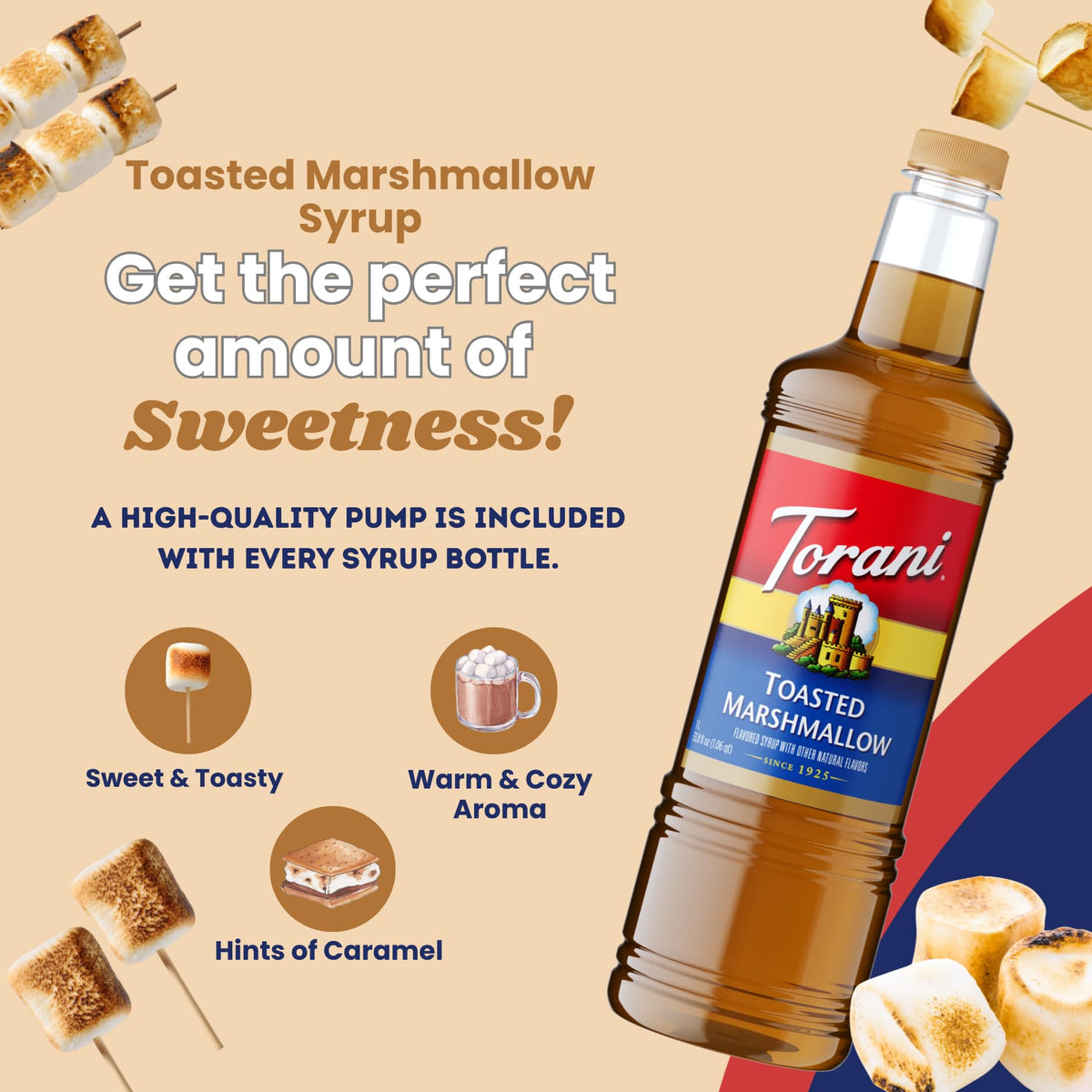 Torani syrup as dessert topping adding warm marshmallow notes.
