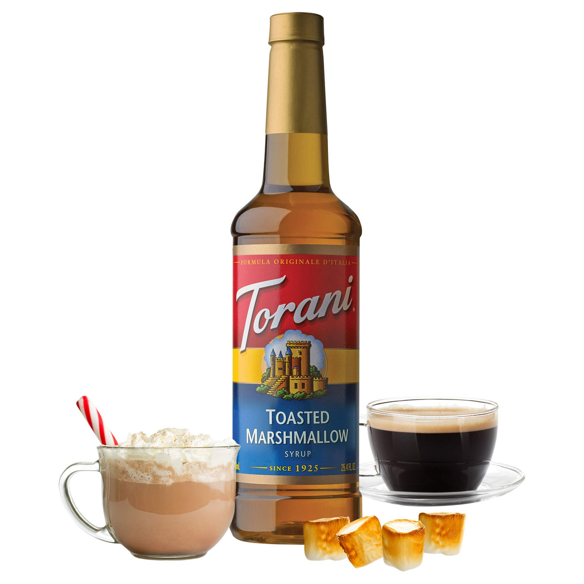 Torani Toasted Marshmallow syrup being poured for coffee
