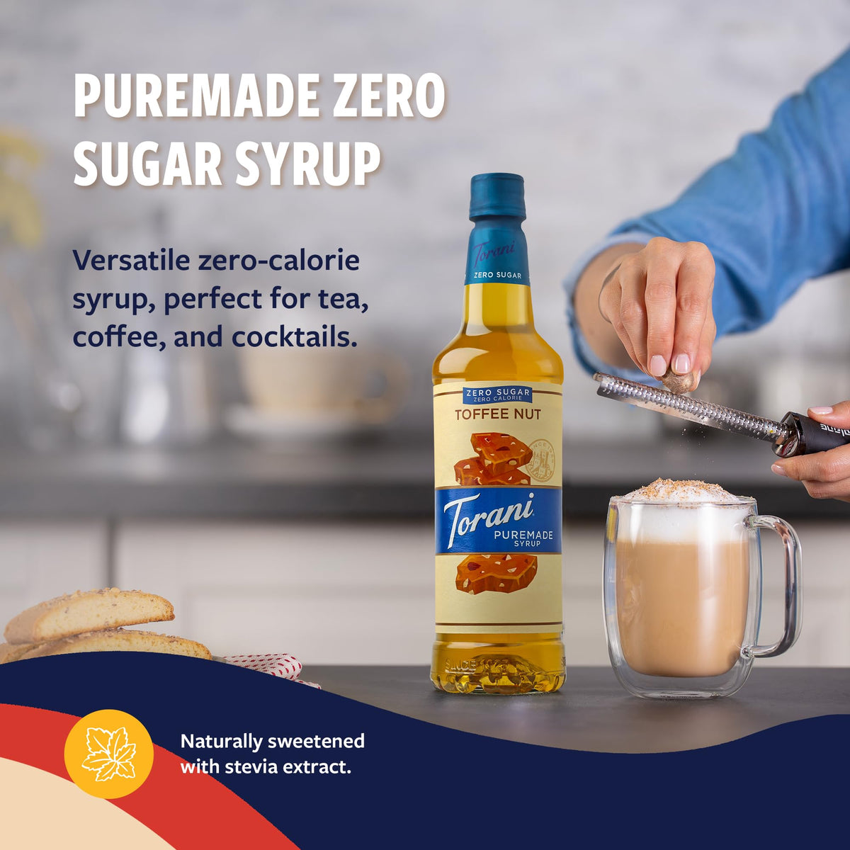Torani Toffee Nut Syrup pour over coffee for cafe-inspired flavor at home.