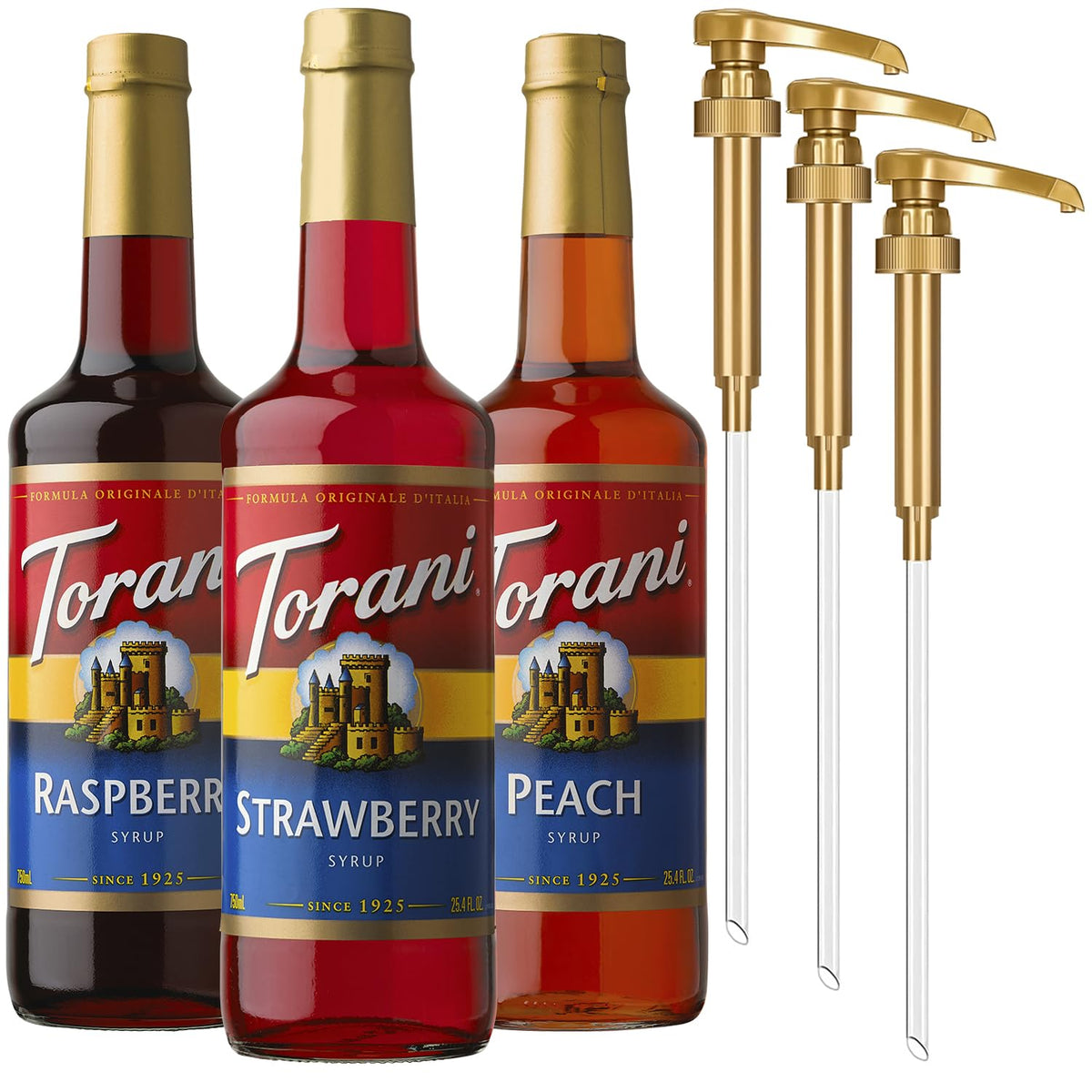 Torani trio syrups with pumps bundled for easy flavoring of beverages